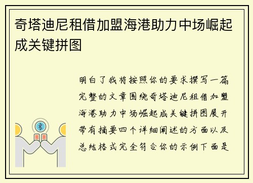 奇塔迪尼租借加盟海港助力中场崛起成关键拼图